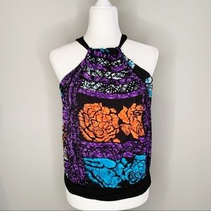 Deletta for Anthro Black & Purple Floral Tank Top in Size Medium